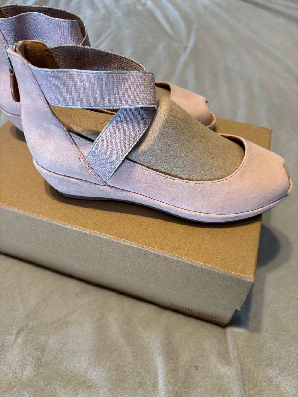 Kenneth Cole Gentle Souls Pink Suede Elastic Strap Peep-Toe Wedges